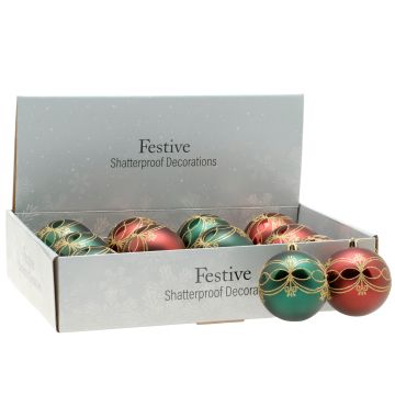 Christmas Tree Decorations - Assorted Red and Green - Gold Glitter Baubles - Pack of 12