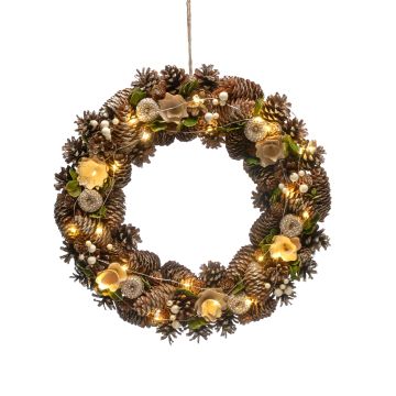 Christmas Wreath - Battery Operated Pre-Lit Gold Roses - approx 45cm