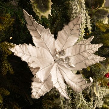 White Velvet Glitter Poinsettia Stem - Christmas Floristry Decoration 