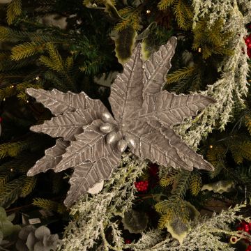 Silver Velvet Glitter Poinsettia Stem - Christmas Floristry Decoration