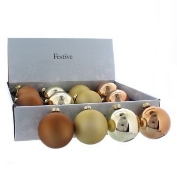 Christmas Tree Decorations - Assorted Copper and Gold Glass Baubles - Pack of 12