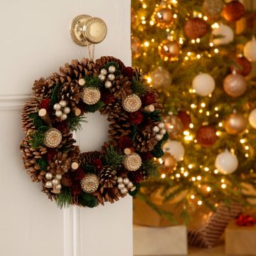 Christmas Wreath  - Red Rose and Pinecone Wreath - 30cm