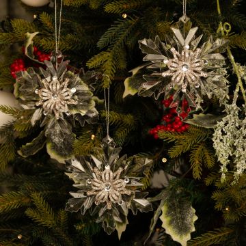 Pack of 3 Acrylic Clear and Silver Snowflakes - Christmas Tree Decoration