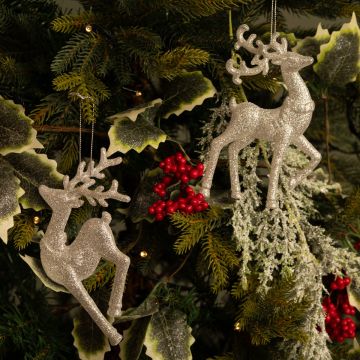 Pair of Bright Silver Reindeer - Christmas Tree Decoration