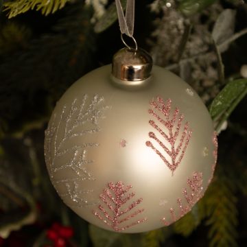 Matte White with Red Twig Tree Glass Bauble - Christmas Tree Decoration 
