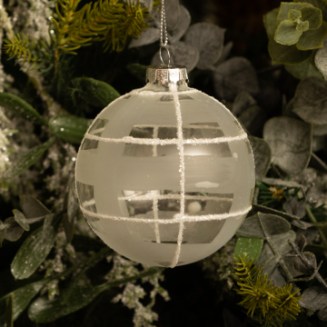 Clear Frosted and White Glitter Glass Bauble - Christmas Tree Decoration 