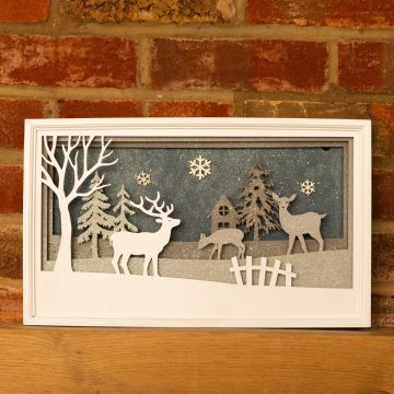LED Wooden White Reindeer Scene - Battery Operated - Christmas Decoration