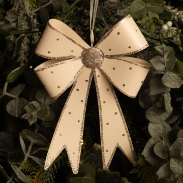White and Silver Glitter Hanging Bow - Metal Christmas Decoration