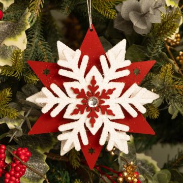 Red and White Wooden Snowflake - Christmas Tree Decoration 