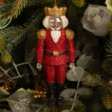 Red Glitter Nutcracker with Gold Hat - Christmas Tree Decoration 