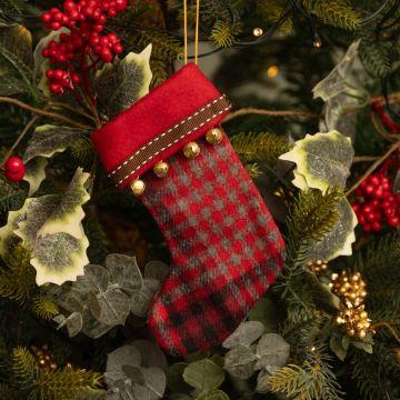 Red Tartan Stocking with Bell - Christmas Stocking 