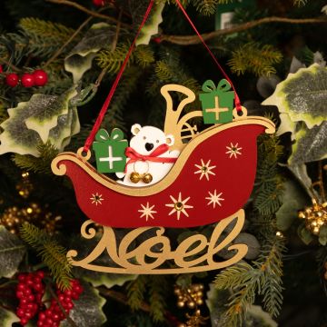 Wooden Polar Bear in Red Sleigh - Christmas Tree Decoration 