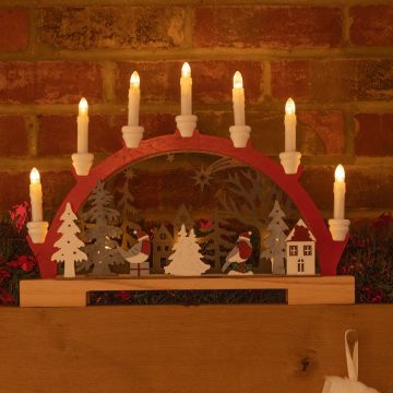 Light Up Robin Scene with Red Candle Bridge - Battery Operated - Christmas Decoration