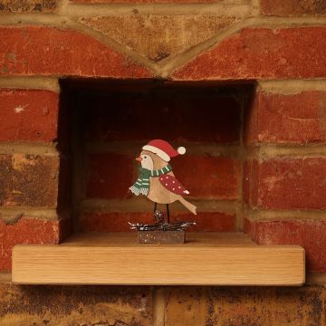 Wooden Robin with Red and White Hat - Christmas Decoration