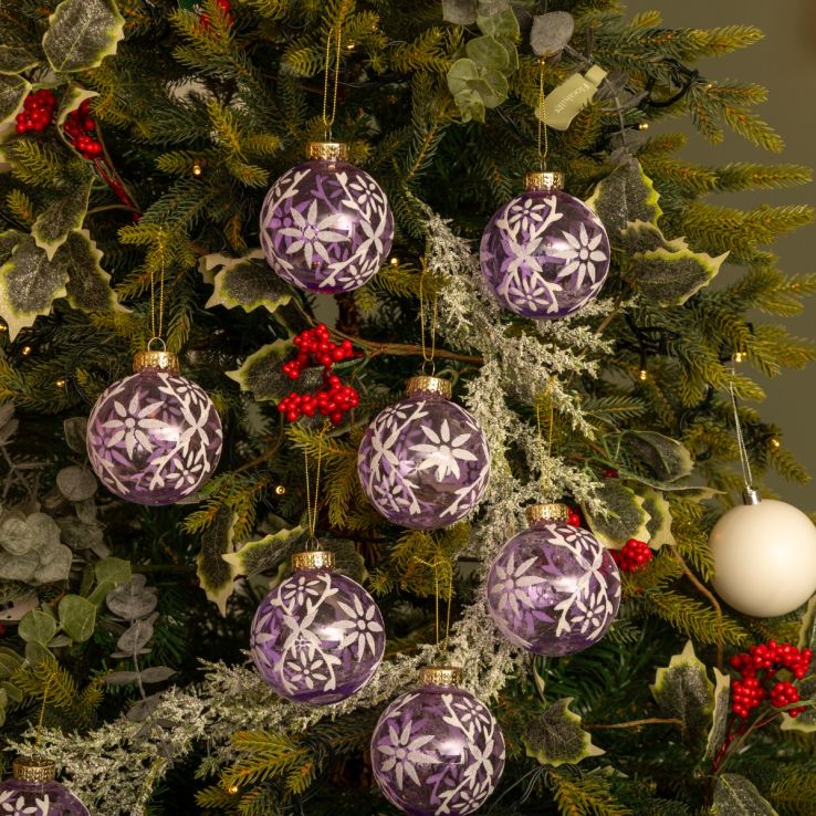 Lilac Glitter Flower Baubles - Christmas Tree Decoration - Pack of 12 main product photo