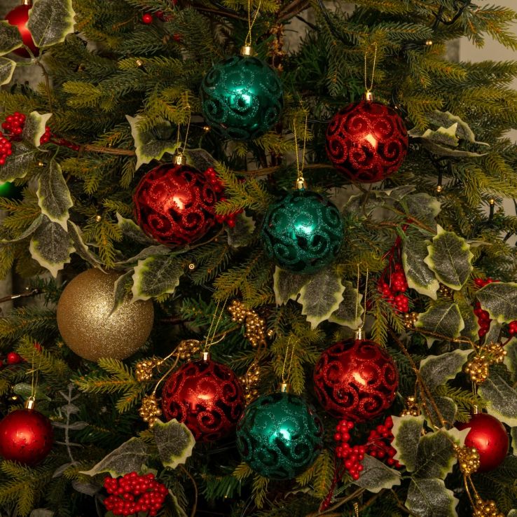Red and Green Glitter Baubles  - Pack of 12 - Christmas Tree Decorations main product photo