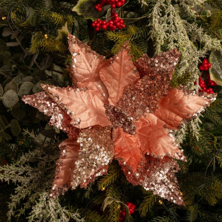 Frosted Pink Poinsettia with Sequins Stem Ornament - Christmas Decoration main product photo