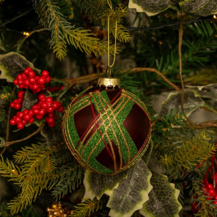 Burgundy and Green Check Glass Ball - Christmas Tree Decoration main product photo