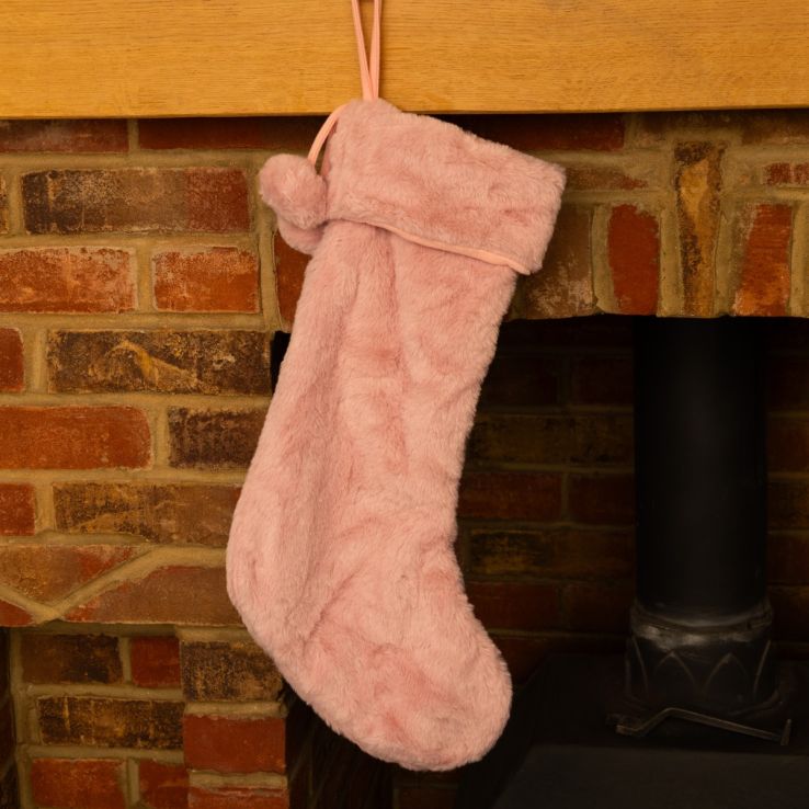 Pink Fur Stocking with Pom Poms - Christmas Decoration main product photo