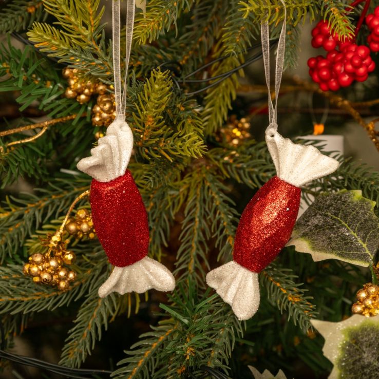 Pair of Hanging Red and White Glitter Sweet - Christmas Tree Decoration main product photo