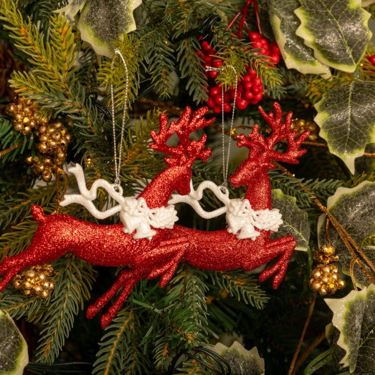 Pair of Hanging Red and White Leaping Reindeer - Christmas Tree Decoration main product photo