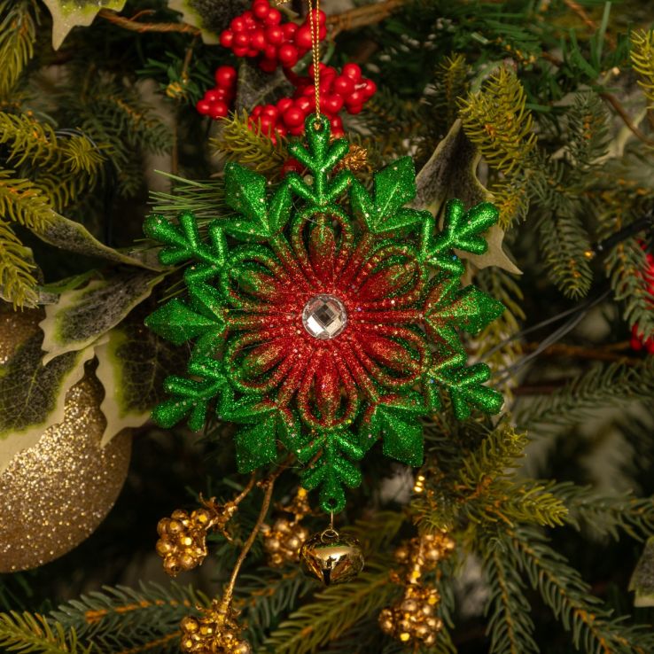 Hanging Green Glitter Snowflake with Gold Bell - Christmas Tree Decoration main product photo