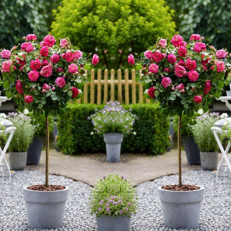 Pair of Patio Standard PINK Rose Trees circa 100cm tall - In Bud and Bloom main product photo