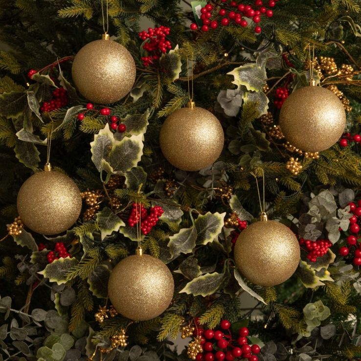 Champagne Gold Glitter Baubles - Pack of 6 - Christmas Tree Decoration main product photo