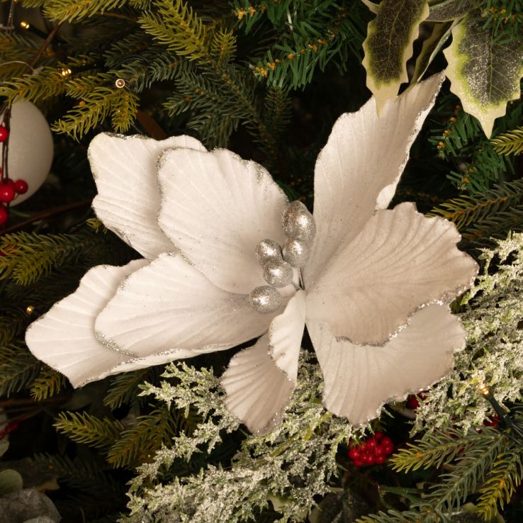 Bright White Velvet Magnolia Stem - Christmas Floristry Decoration main product photo