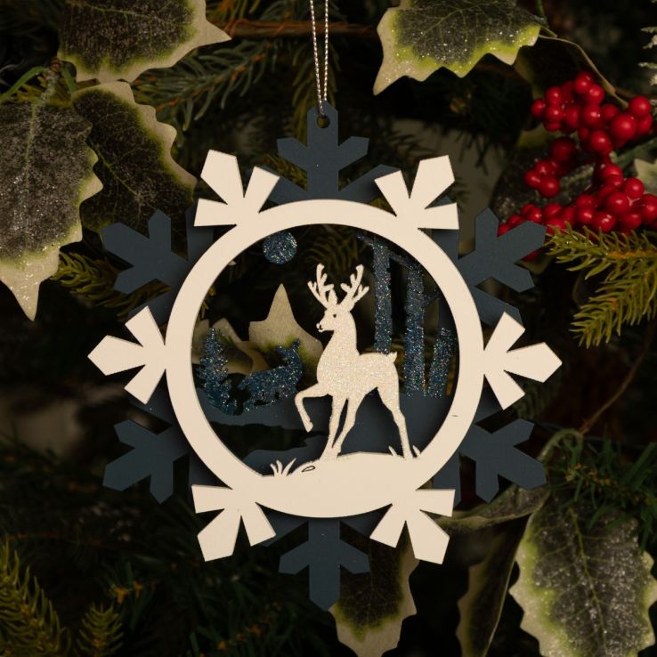 Hanging Blue and White Wooden Snowflake-Reindeers - Christmas Tree Decoration main product photo