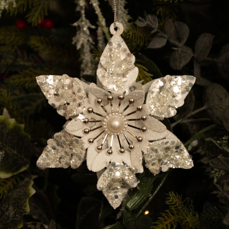 Wooden White Glitter Snowflake with Pearl - Christmas Tree Decoration main product photo