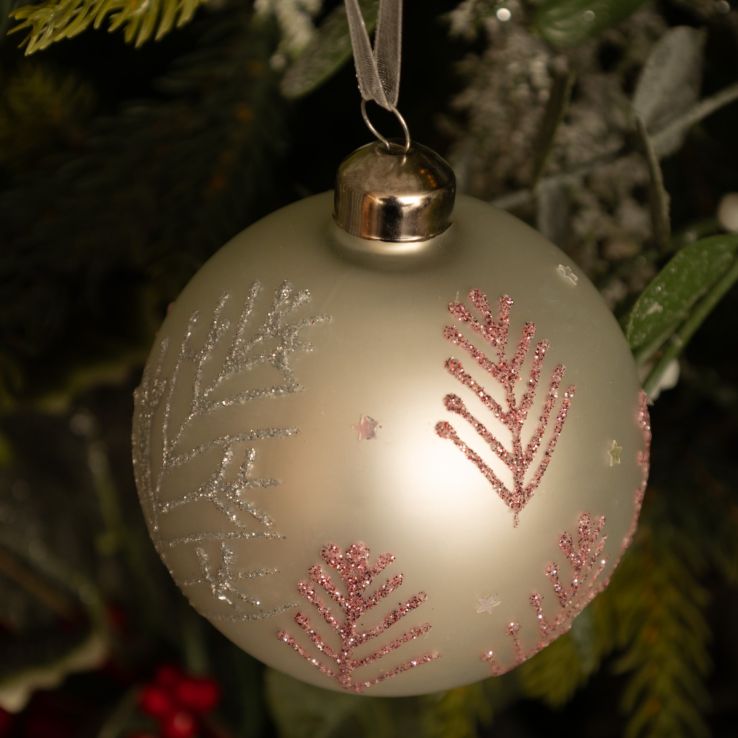 Matte White with Red Twig Tree Glass Bauble - Christmas Tree Decoration main product photo