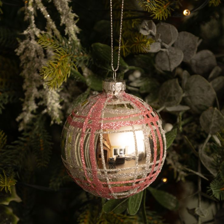 Silver and Blush Pink Tartan Glass Bauble - Christmas Tree Decoration main product photo