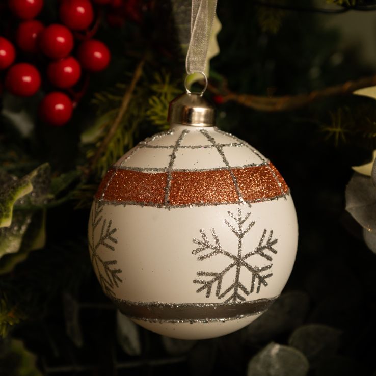 Matte White Bauble with Grey and Pink Band - Christmas Tree Decoration main product photo