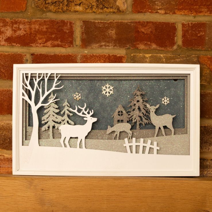 LED Wooden White Reindeer Scene - Battery Operated - Christmas Decoration main product photo