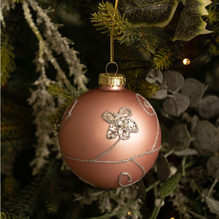 Pink with Silver Glitter Flowers Glass Bauble - Christmas Tree Decoration main product photo