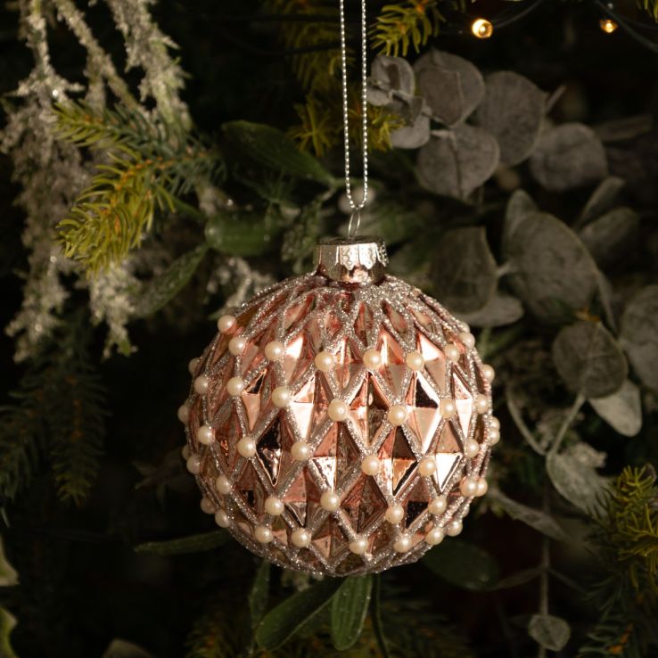 Rose Gold with White White Gems Hexagon Glass Bauble - Christmas Tree Decoration main product photo