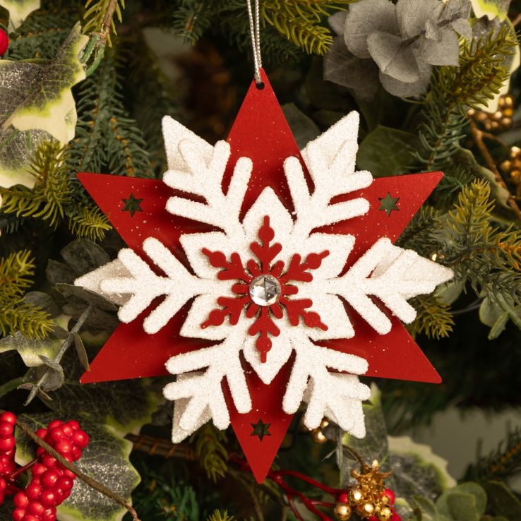 Red and White Wooden Snowflake - Christmas Tree Decoration main product photo