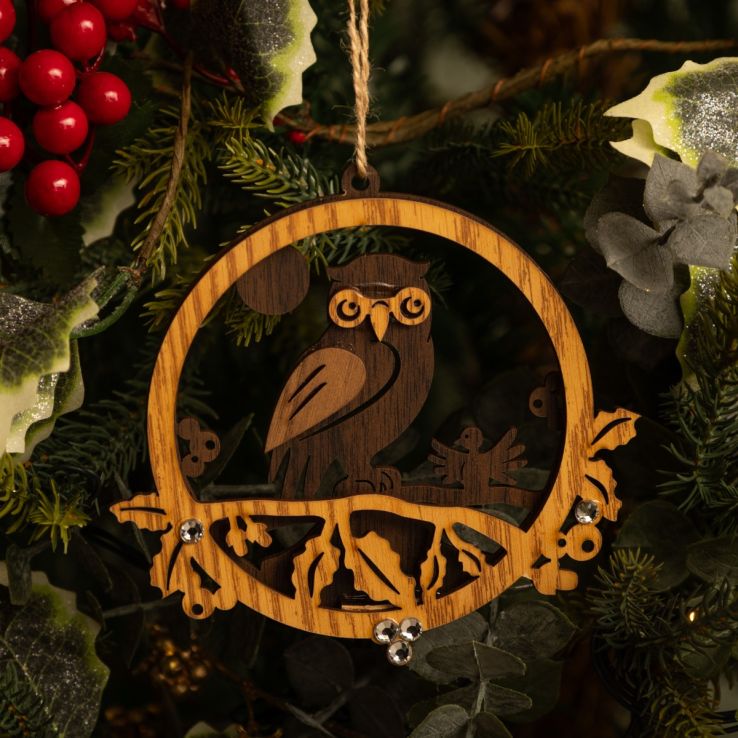 Wooden Laser cut Owl in circle - Christmas Tree Decoration main product photo