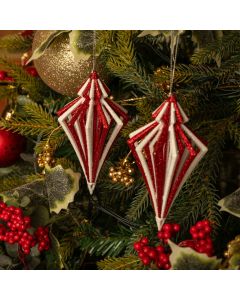 Pair of Hanging Red and White Glitter Finial Drops - Christmas Tree Decoration