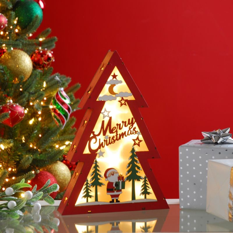 LED Wooden Red and Green Tree with Santa Scene - Christmas Decoration