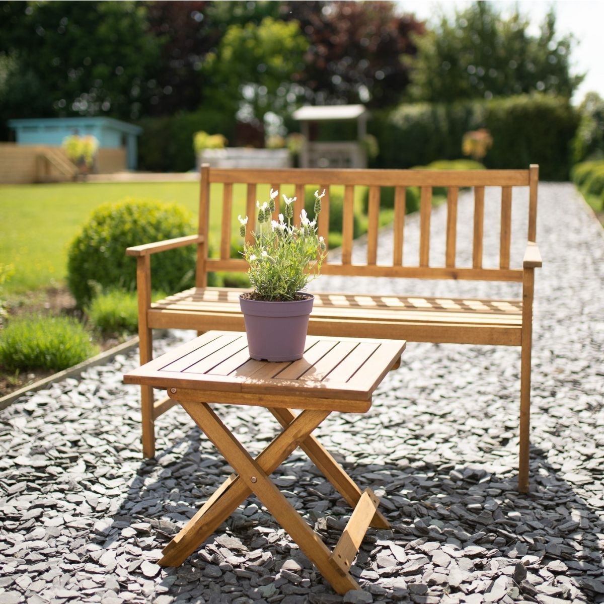 Two Seater Acacia Hardwood Garden Bench Folding Side Table Set