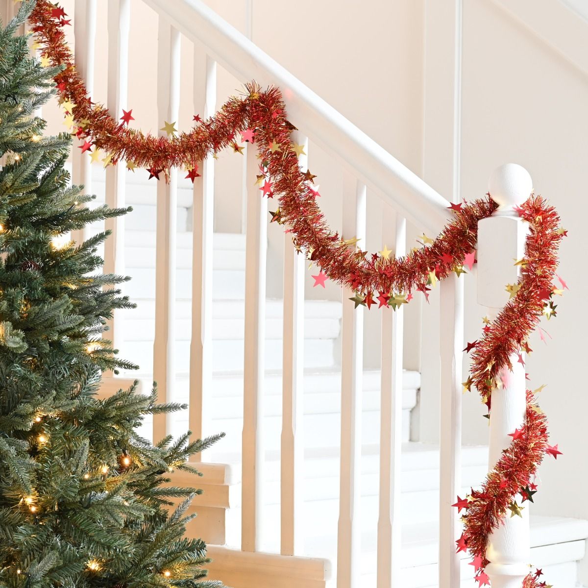 Christmas Tree Decoration - Extra Long Red and Gold Star Tinsel - 10m
