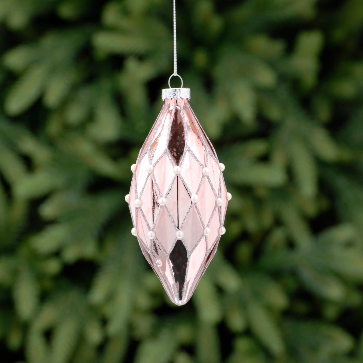Rose Gold with Silver Glitter Lines Glass Olive Bauble - Christmas Tree Decoration