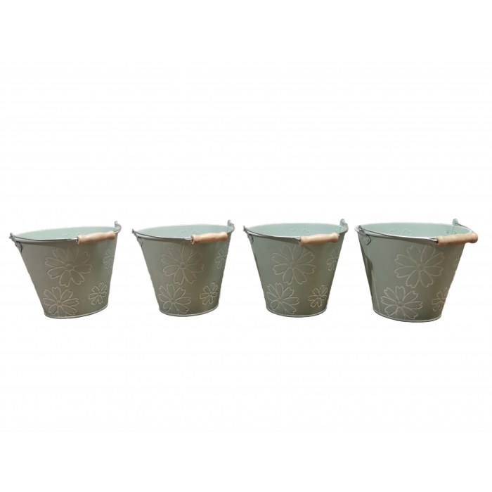 Pack Of Four Whitewashed Tin Pail With Flower (17cm)