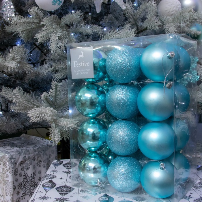 Christmas Tree Decorations Assorted Duck Egg Blue Baubles Pack of 24