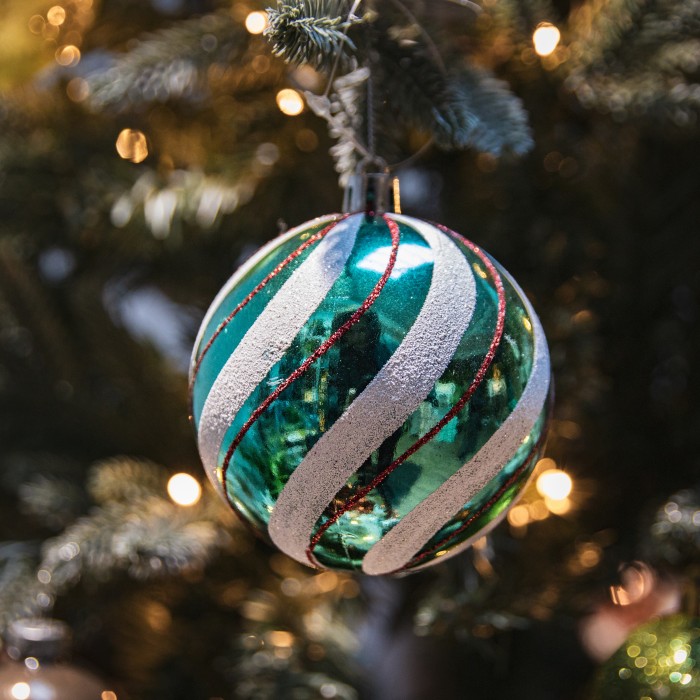 Christmas Tree Decorations Assorted Green with White and Red Glitter