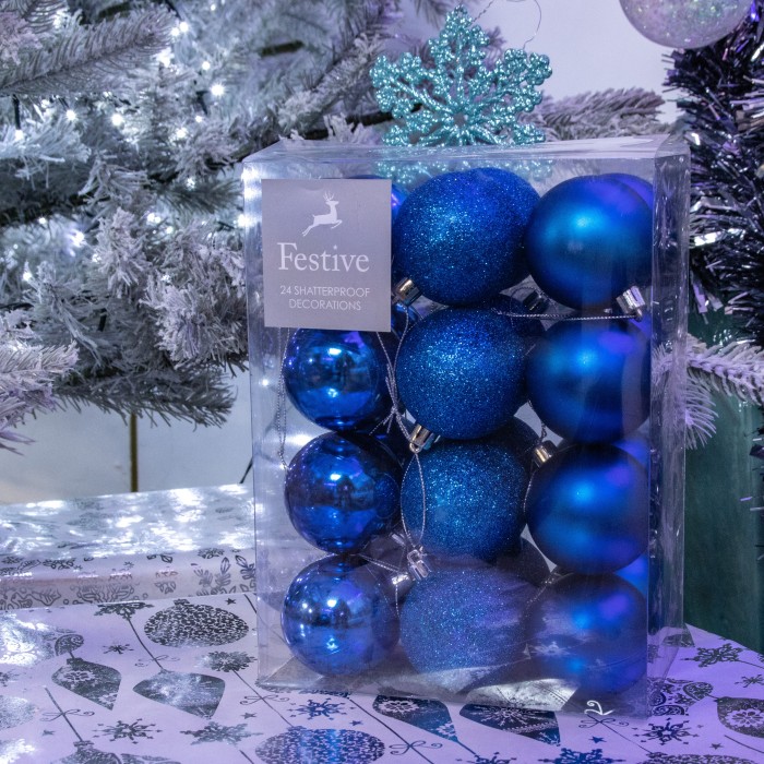 Christmas Tree Decorations Royal Blue Baubles Pack of 24