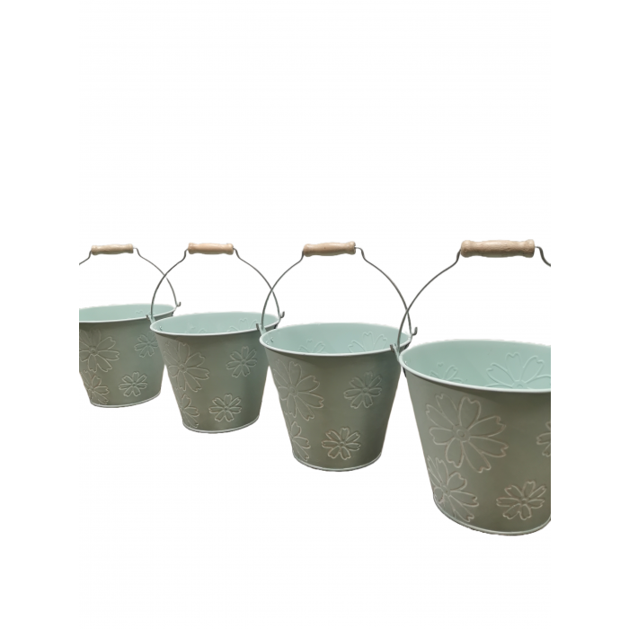 Pack Of Four Whitewashed Tin Pail With Flower (17cm)