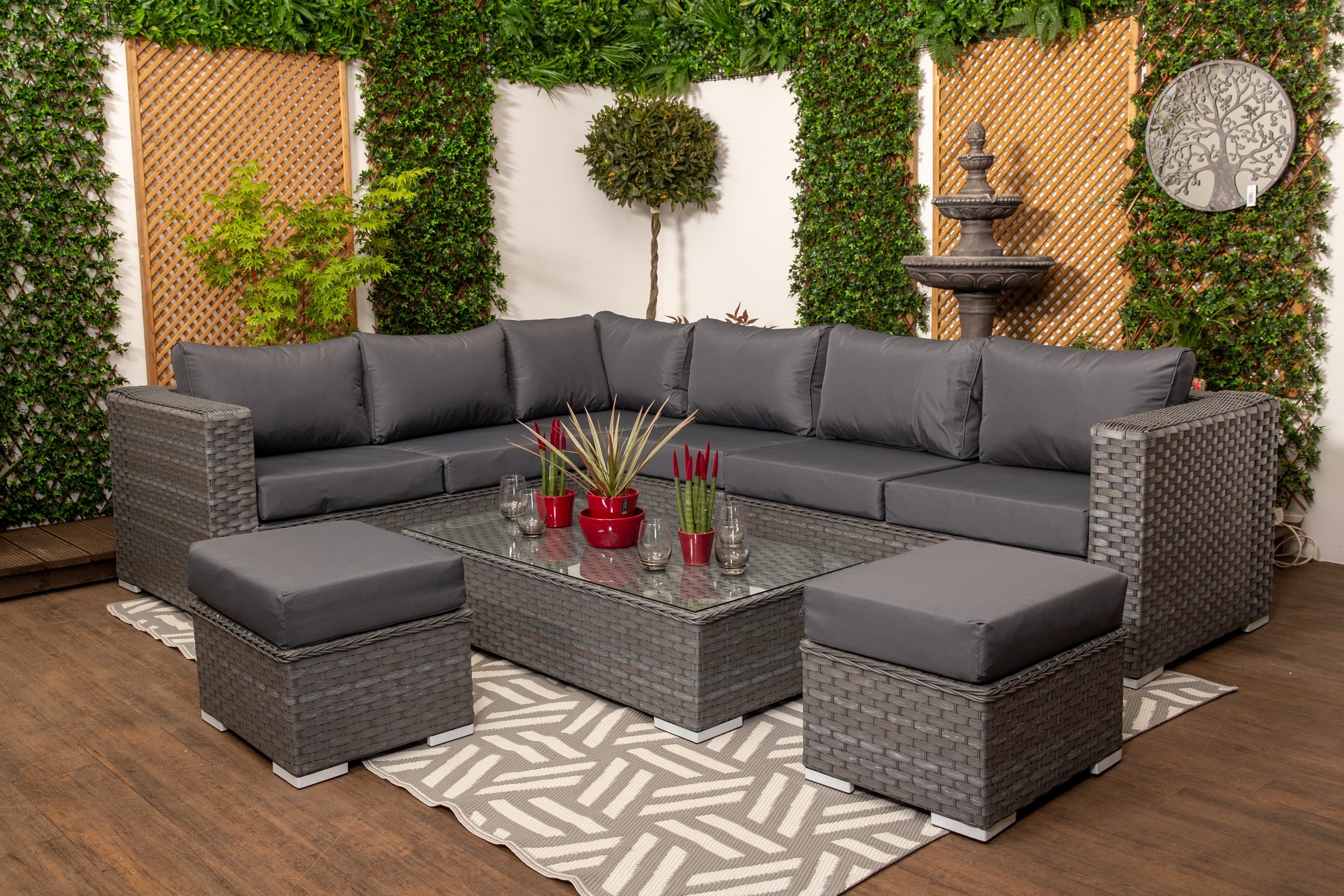 Marseille Large Grey Rattan 9 seater Corner Sofa Set with Glass Topped Coffee Table, Cushions